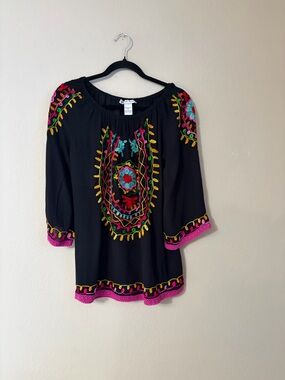 Cute Options Black Embroidered Boho Tunic Top floral Peasant Blouse Sz M